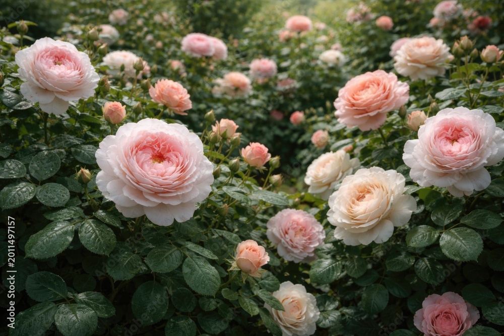 Fototapeta premium English roses flourishing amidst thick green leaves in garden