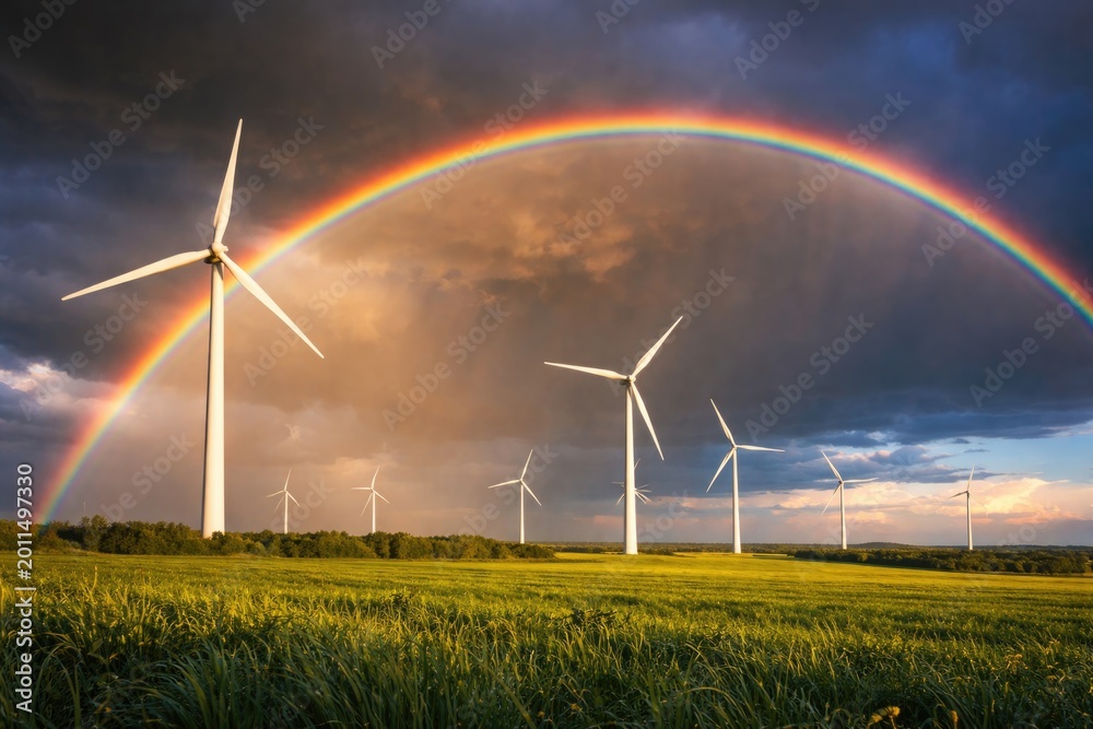 Fototapeta premium Wind farm with turbines beneath a bright rainbow after thunderstorm