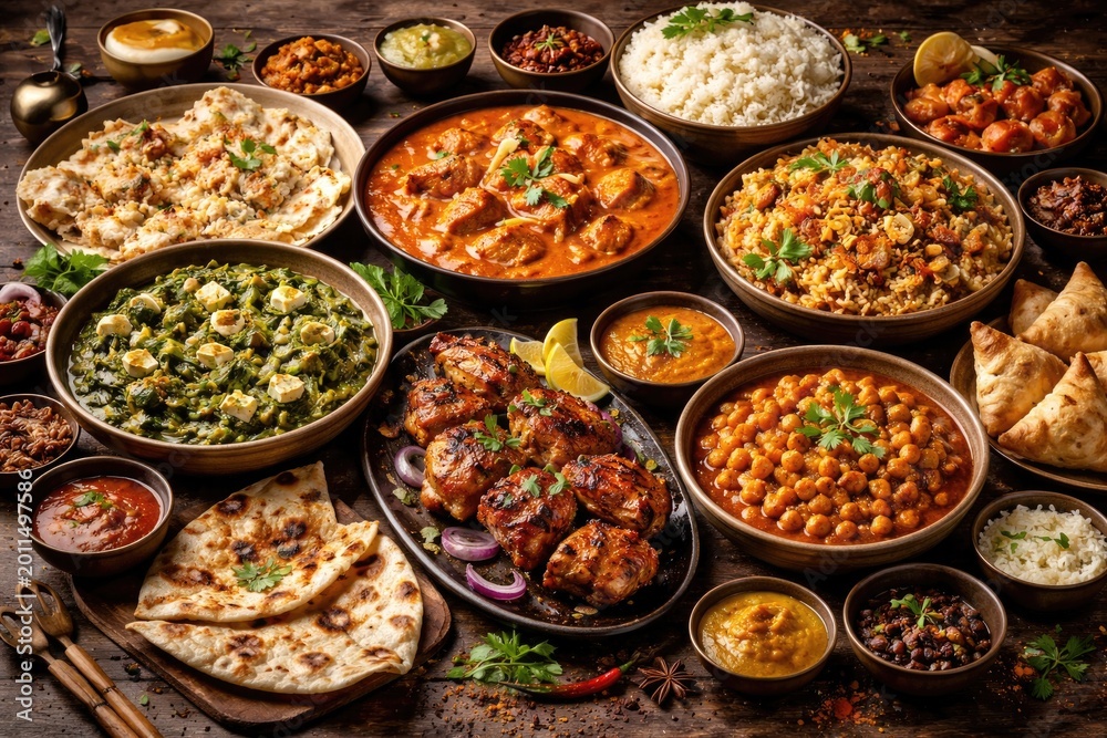 Fototapeta premium Indian food with a variety of vegetarian and meat options