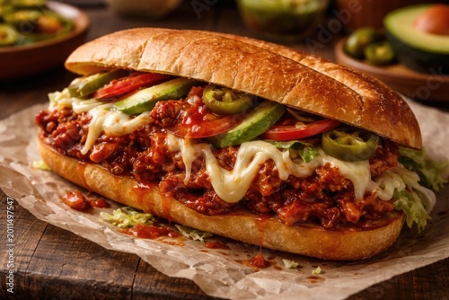 Authentic Mexican bread sandwich loaded with spicy pork leg and Oaxaca cheese
