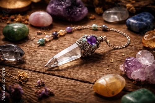 Wooden tabletop featuring a spiritual crystal pendulum with various gemstones