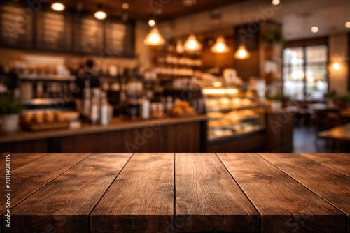 Brown wood tabletop in front of a softly blurred coffee shop and bakery interior