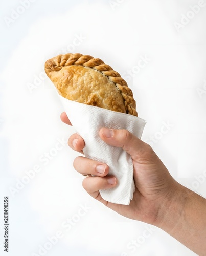 Person holding golden pastry against a clean white background