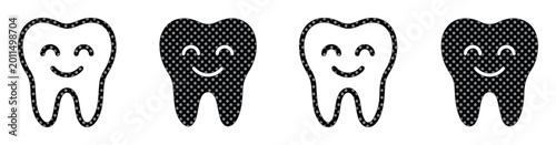 Foto Happy tooth character icons set, cute smiling molar vector graphics, black and w