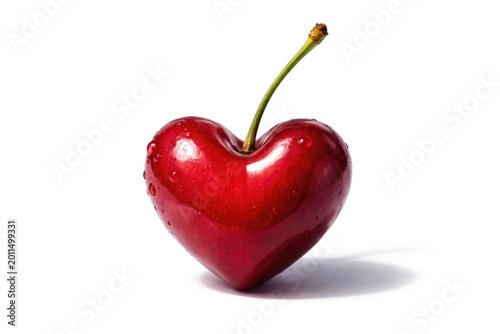Red cherry heart isolated with shadow on clean white background