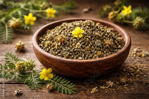 Wooden bowl filled with dried Tribulus terrestris leaves and flowers illustrating herbal healing practices