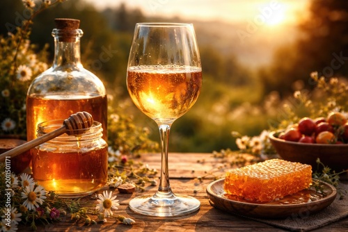 Landscape view of golden honey wine mead glass set for consumption