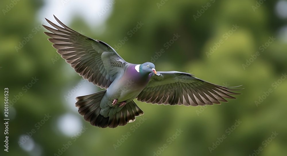 Fototapeta premium Graceful Pigeon Flying with Spread Wings Against Blurred Green Trees