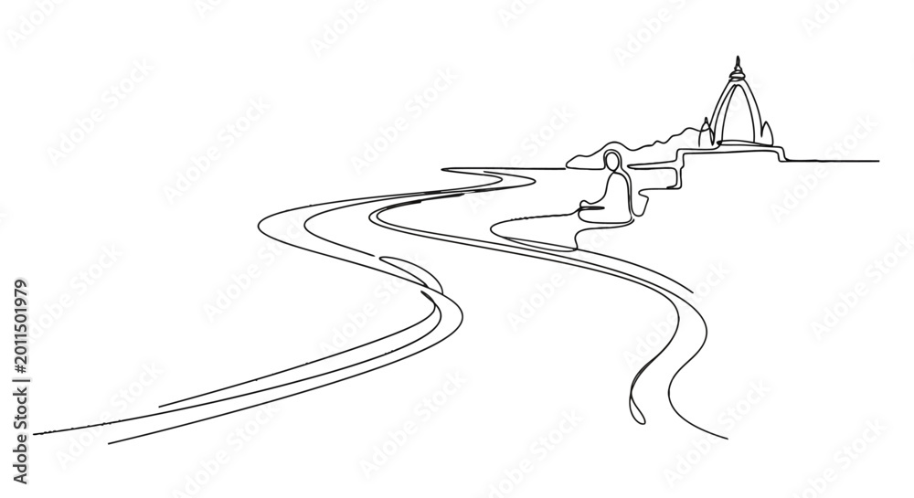 Obraz premium Minimalist Line Drawing of Serene Riverside Scene with Temple and Curving Pathways