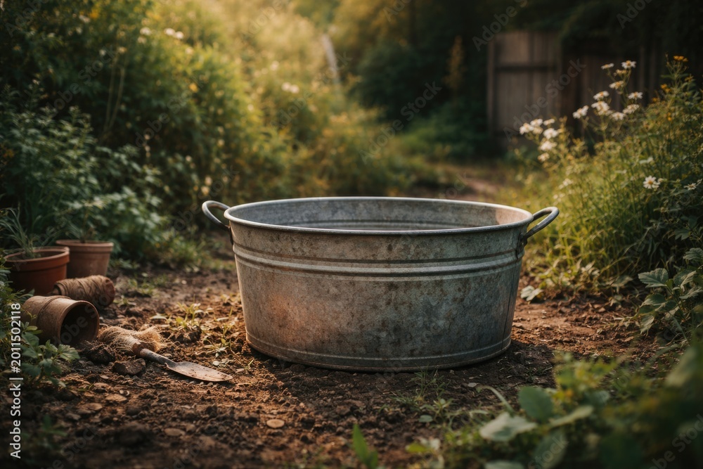 Fototapeta premium Rustic aluminum container positioned in an untidy garden environment featuring broad copy space for serene vibes
