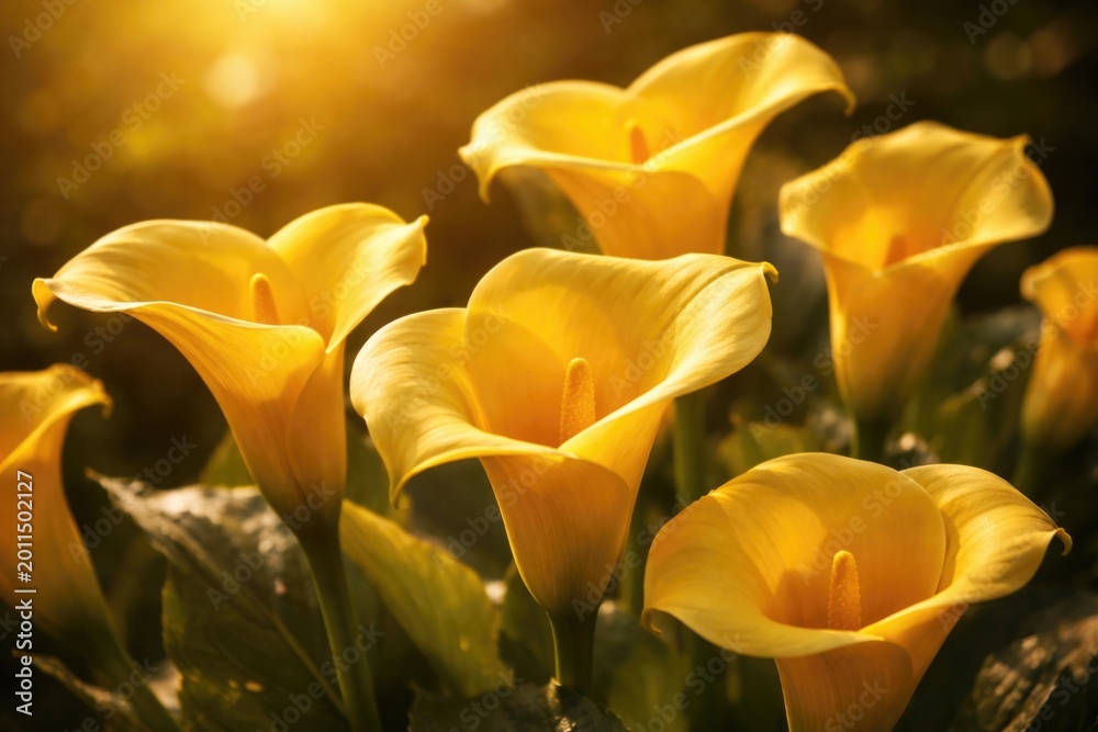 Obraz premium Radiant yellow calla flowers opening fully in warm sunlight