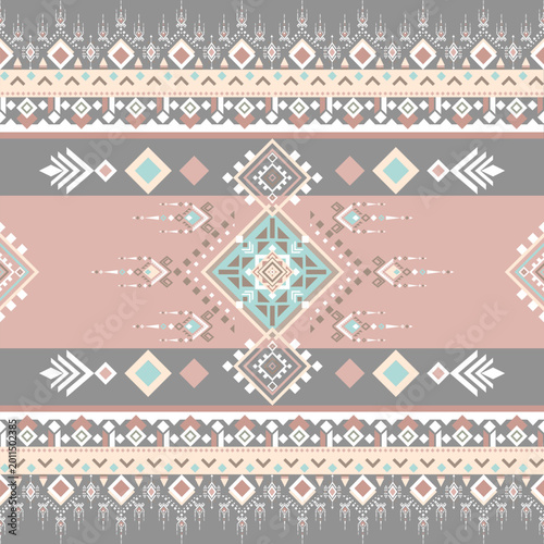 Elegant horizontal seamless pattern in grey, blush, and teal. Featuring a central geometric medallion and tribal borders. Ideal for modern textiles and luxury packaging.