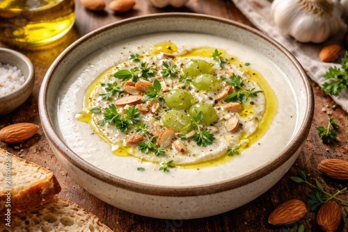 Refreshing cold almond garlic Ajo Blanco soup drizzled with olive oil and garnished with herbs