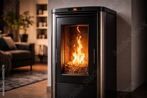 Stylish pellet stove showcasing fiery wood pellet combustion