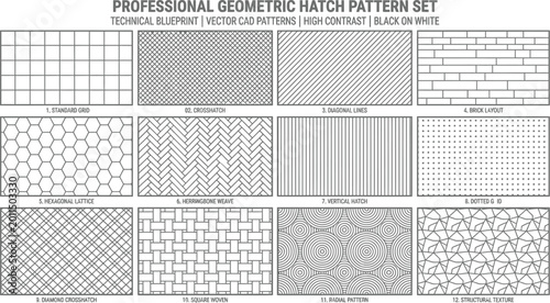Photos Professional geometric hatch pattern set featuring twelve technical blueprint ve
