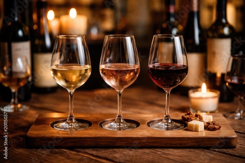 Stylish wine flight arrangement presenting three varied glasses on a wooden tasting board amid a welcoming cozy setting with wine bottles