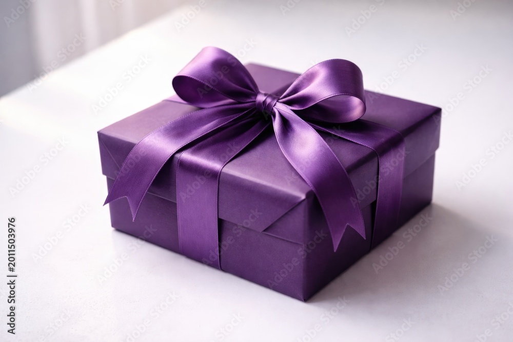 Obraz premium Purple gift package with tied ribbon displayed on white surface