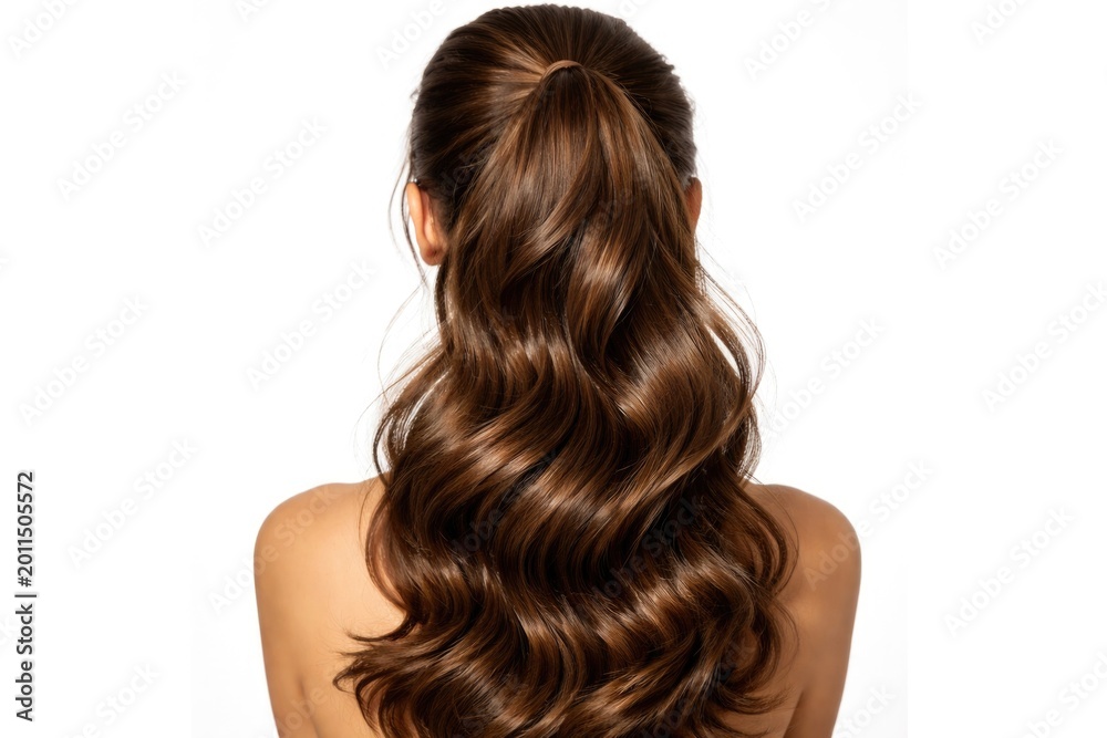 Naklejka premium Rear perspective of brown wavy hair flowing in ponytail demonstrating shine on white backdrop