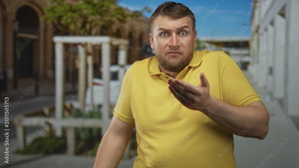 Fototapeta premium Man with hand to mouth and wide eyes on an urban street in yellow polo shirt near building facades and planters; surprise vulnerability.
