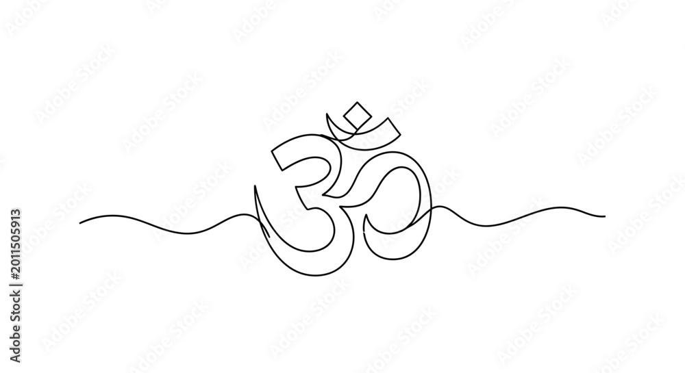 Obraz premium Minimalistic line art depicting the sacred symbol Om with flowing waves symbolizing spiritual energy and tranquility in a simple