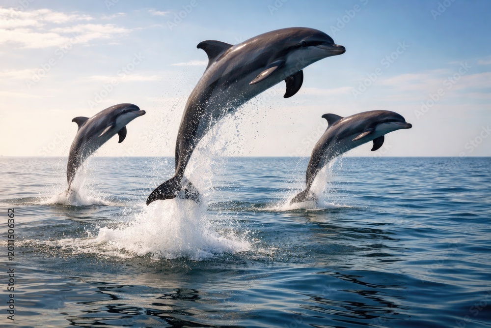 Obraz premium Energetic dolphins performing high jumps above calm water surface