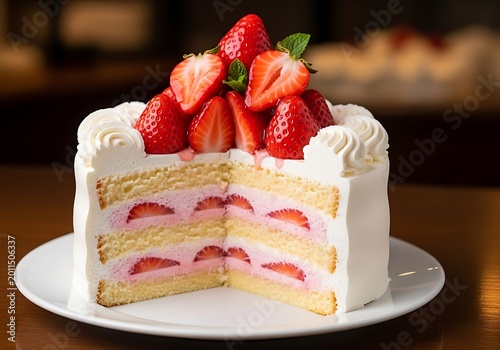 Delicious multilayered strawberry shortcake topped with fresh strawberries and whipped cream