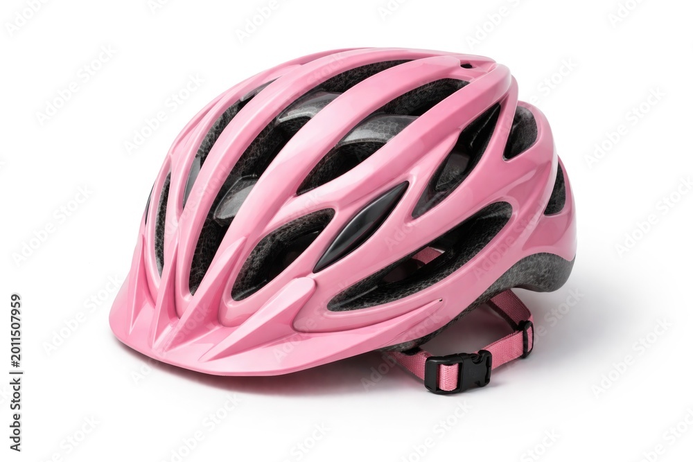 Fototapeta premium Pink protective bicycle helmet set on white studio background