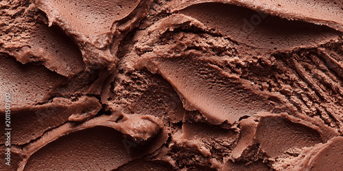 Close up top view of chocolate ice cream gelato mousse pudding texture