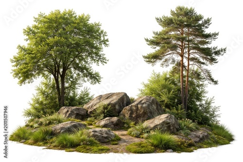 Landscaping composition with cut out rocks and surrounding trees on pure white alpha background