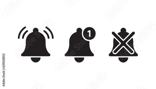 Schilderij op canvas Notification bell icon set with sound off, ringing bell, and one new notification sign