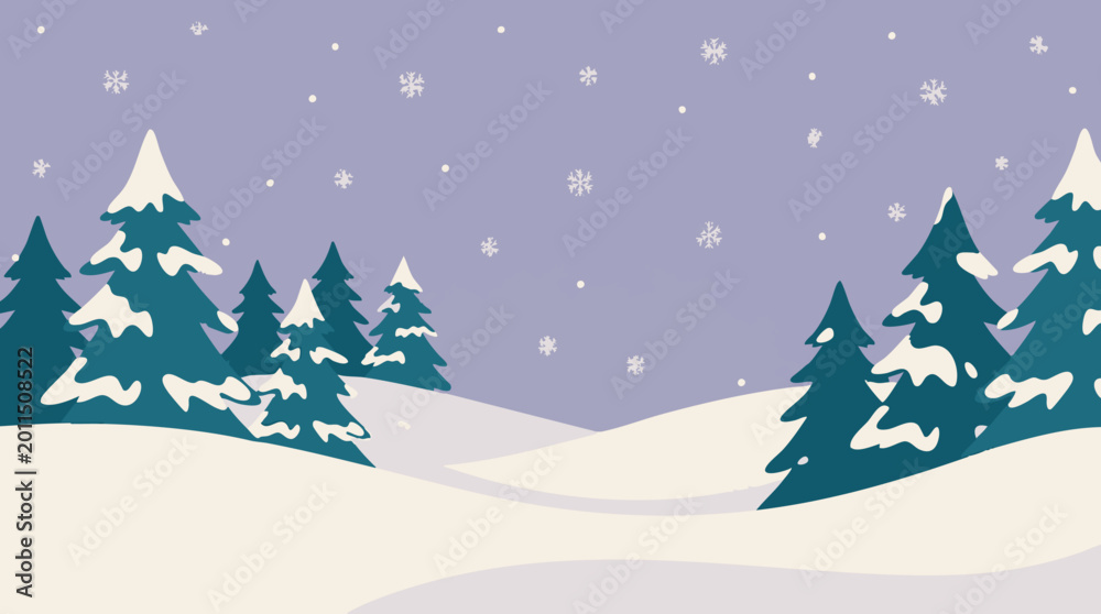 Fototapeta premium Peaceful winter landscape illustration with snowy trees and falling snowflakes