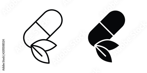 Herbal capsule icon illustration design vector set in black.