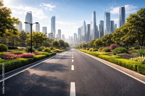 Modern asphalt road alongside a well maintained garden with a dynamic urban skyline backdrop