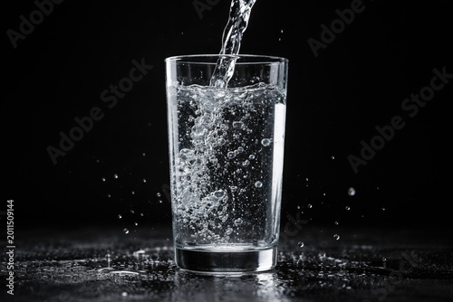 Refreshing water pouring into clear glass with black backdrop