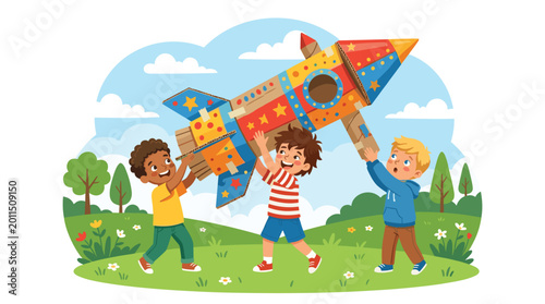 Three young diverse boys lift a large handmade cardboard rocket ship together while playing in a grassy park under a bright blue sky with scattered white clouds.
