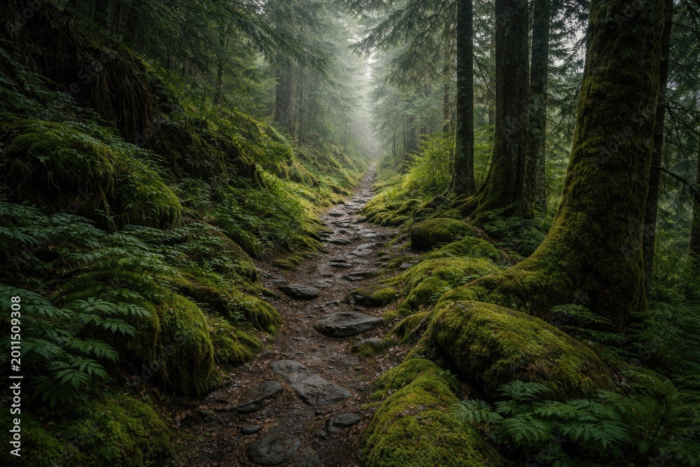 Fototapeta premium Quiet mountain trail enveloped by dense greenery and soft moss