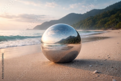 Reflective metal sphere on beach sand with serene nature view