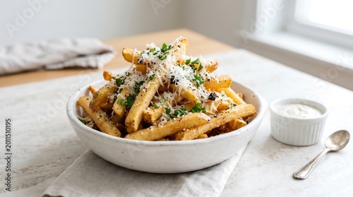 Gourmet Truffle Parmesan Fries with Fresh Parsley and Dipping Sauce Vector