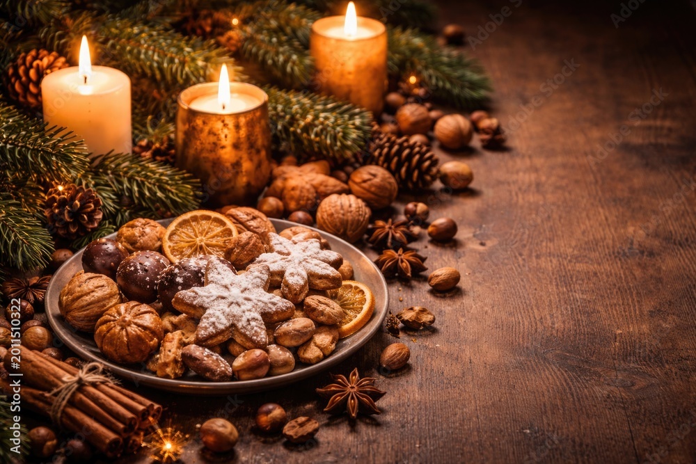 Fototapeta premium Christmas treats with nuts alongside candles and fir branches set for a warm holiday atmosphere and copy space
