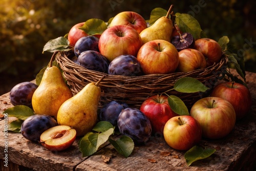 Artistic portrayal of late summer apples pears and plums highlighting natural colors and forms