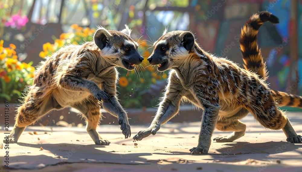Fototapeta premium Playful Ring Tailed Lemurs Facing Each Other on Sunlit Garden Path