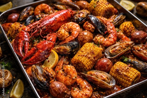 Savory mixed seafood boil cooked with aromatic spices