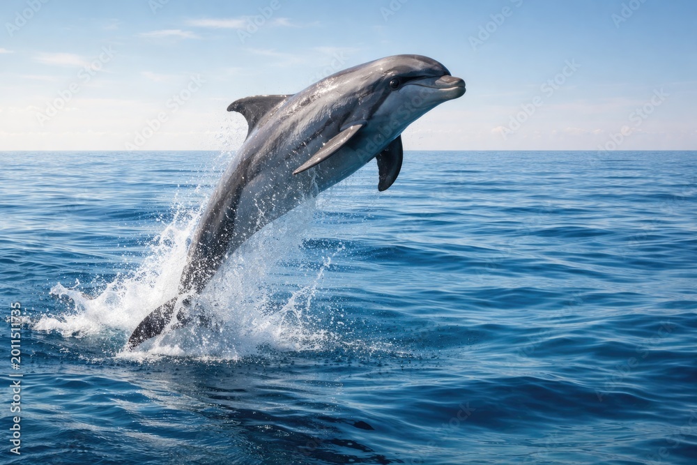 Fototapeta premium Energetic dolphin breaching beautifully against calm blue ocean and tranquil horizon