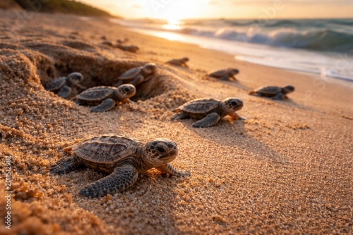 Young loggerhead turtles emerge from nest and journey to ocean shore