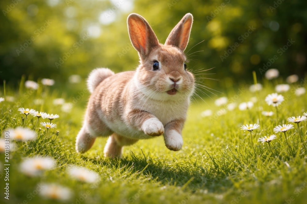 Fototapeta premium Playful rabbit hopping across lush green lawn with white flowers on a bright summer day full length