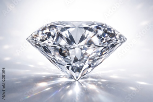 macro shot of clear diamond crystal reflecting light on white studio backdrop