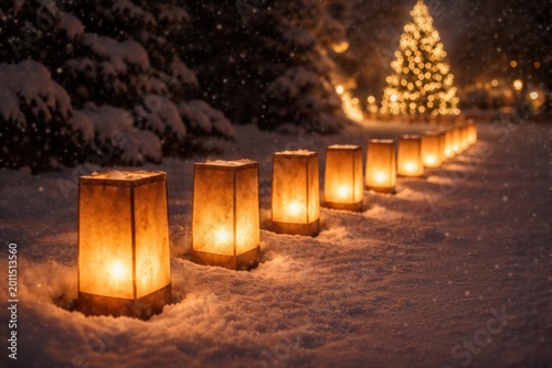 Row of bright Christmas luminarias creating a serene scene with copy space