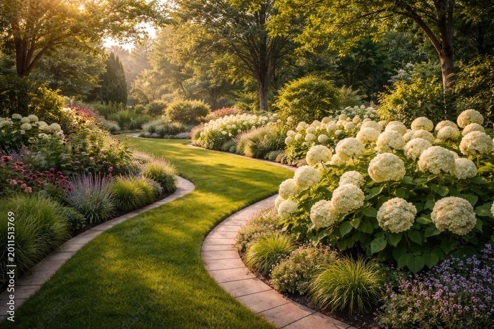Obraz premium Private summer landscape featuring radiant Annabelle hydrangeas and detailed lawn border with elegant walkway