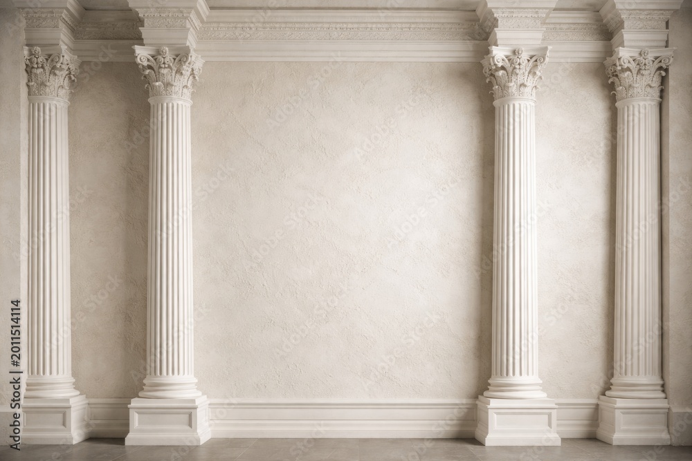 Fototapeta premium White plaster classical columns and pilasters with a textured gypsum backdrop