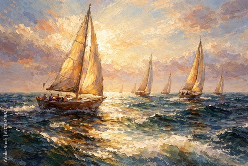 Sailing boats illustrated in oil paint with impressionistic impasto texture on water surface